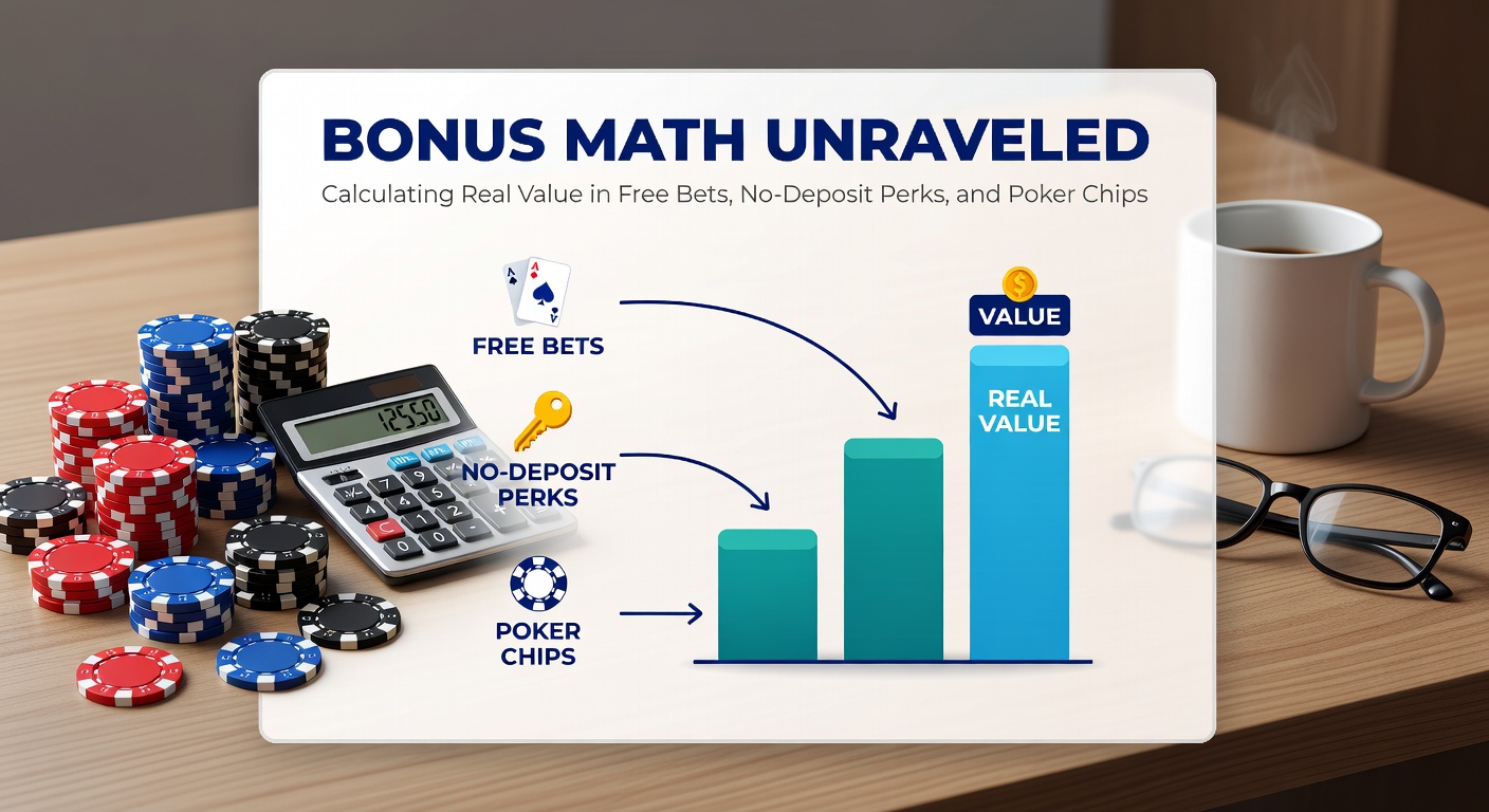 Calculator displaying wagering requirements next to betting slips and casino chips, illustrating bonus value computations