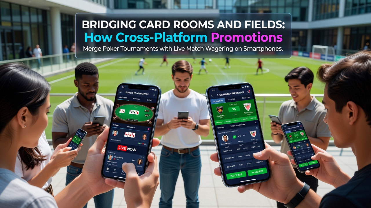 Smartphone screen displaying integrated poker tournament and live sports betting interface with promotional overlays