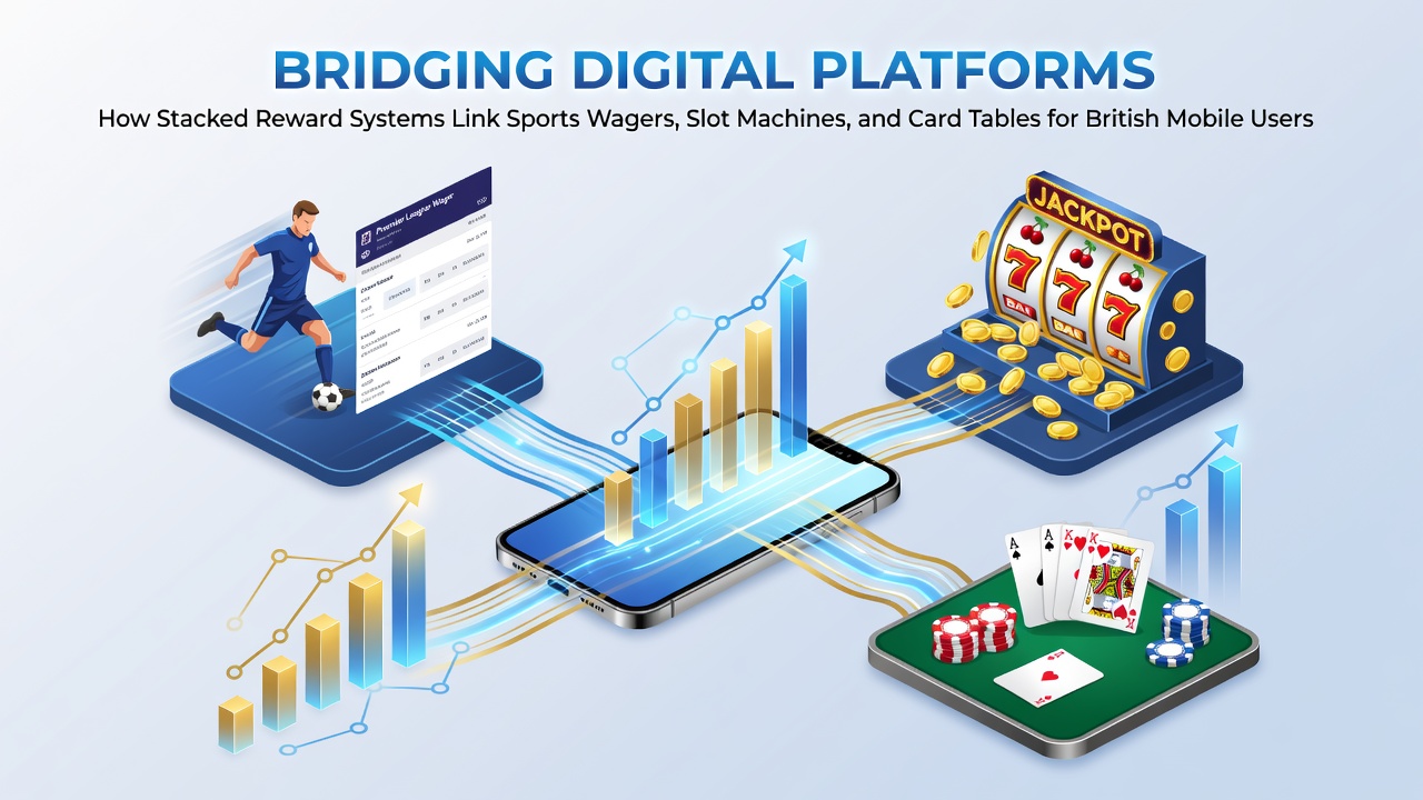 Mobile interface showing integrated rewards across sports betting, slots, and poker tables