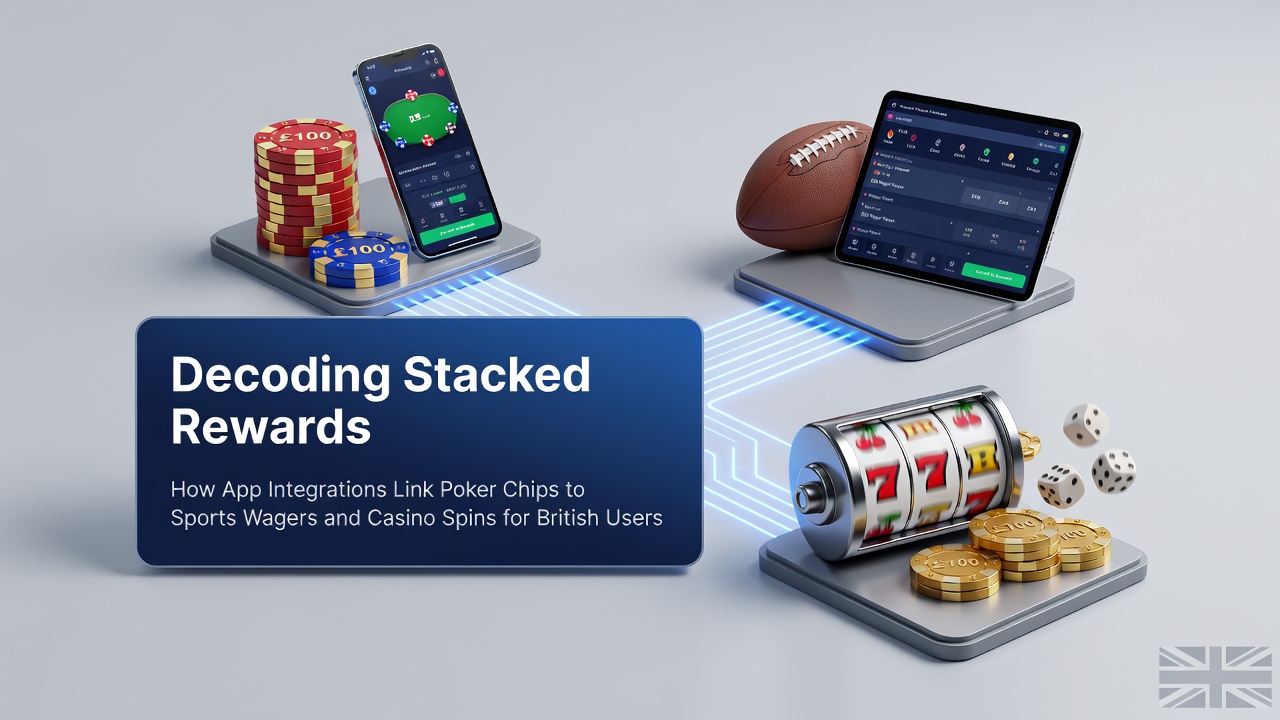 Mobile app dashboard displaying interconnected rewards from poker chips transferring to sports wagers and casino spins