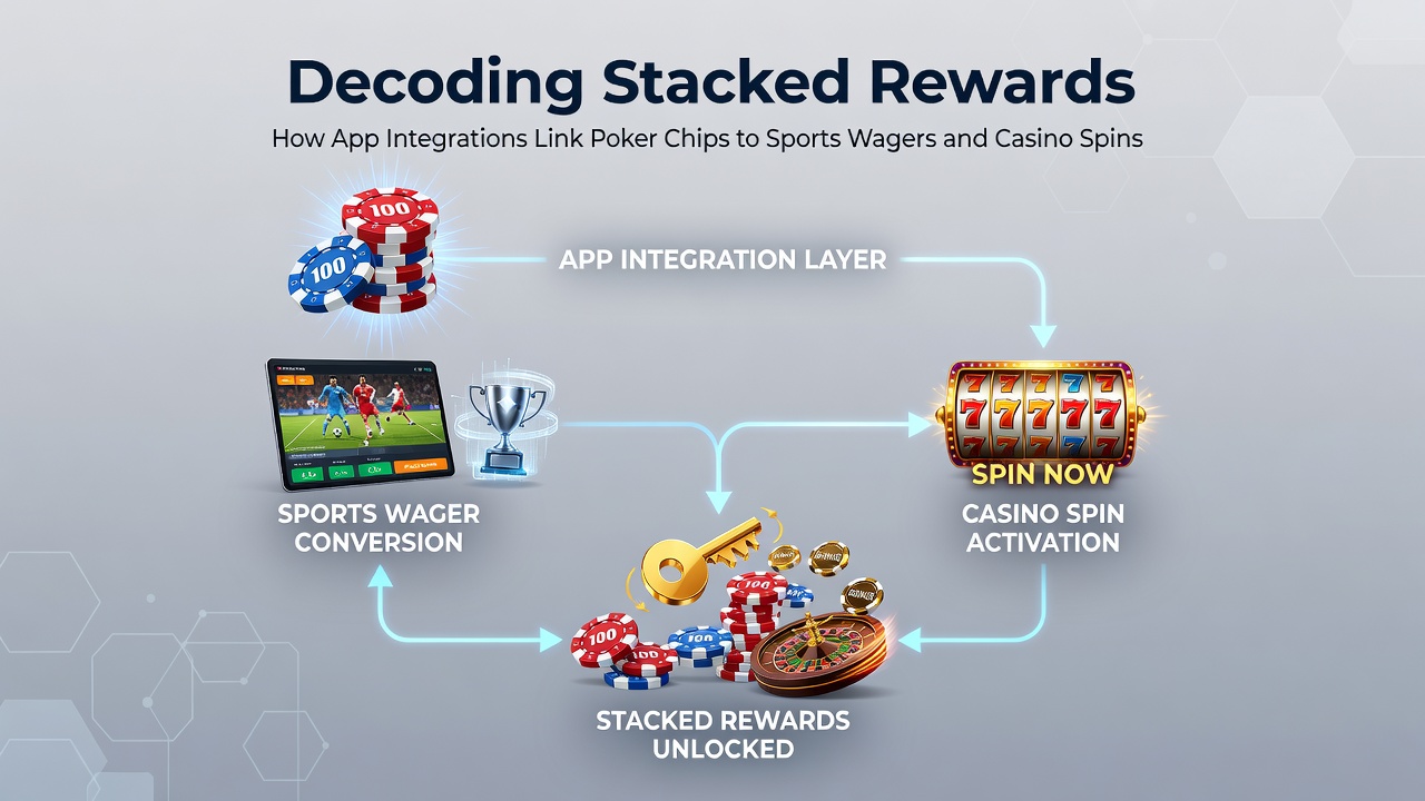 User interface showing stacked rewards across poker, sports betting, and casino sections with conversion options