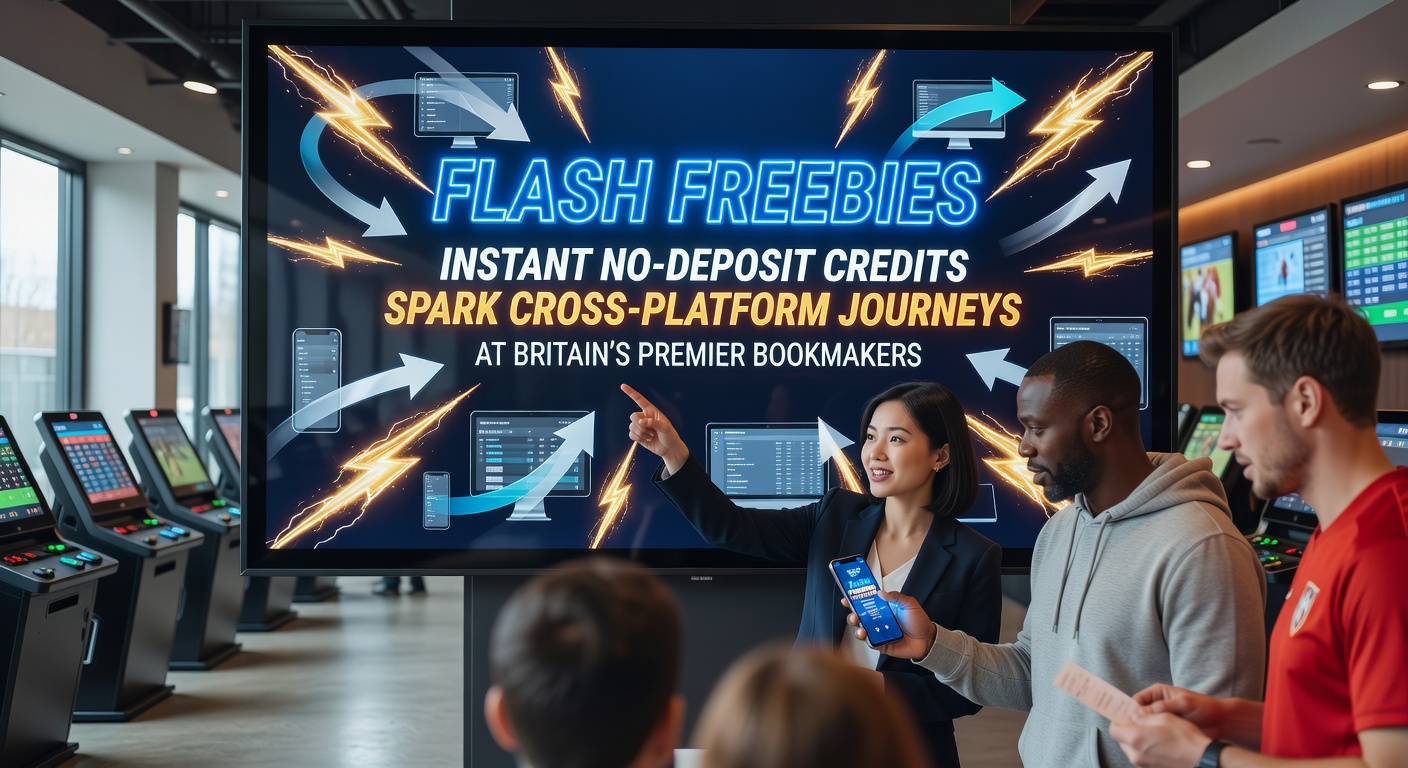 Vibrant digital screen showing instant credit pop-up on a UK bookmaker app, with sports odds and casino slots in the background