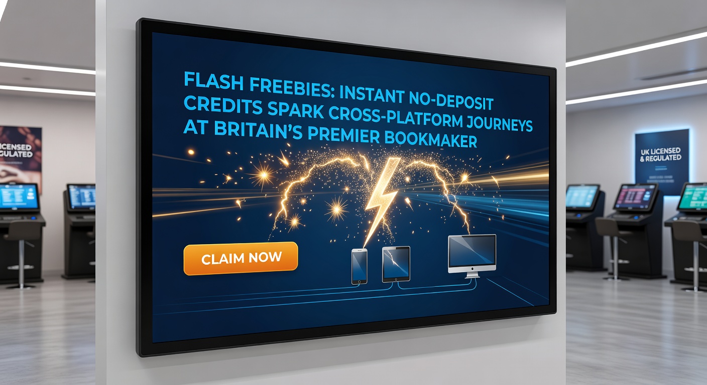 Close-up of a smartphone displaying a bookmaker's no-deposit credit activation screen, surrounded by icons for sports, casino, and poker