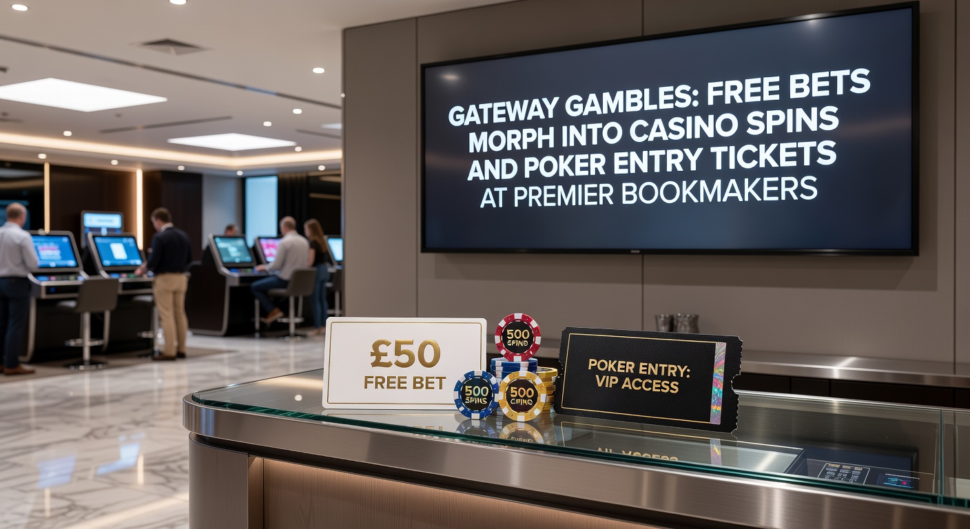 Vibrant digital display showing a free bet token transforming into casino slot reels and poker chips on a bookmaker's app interface