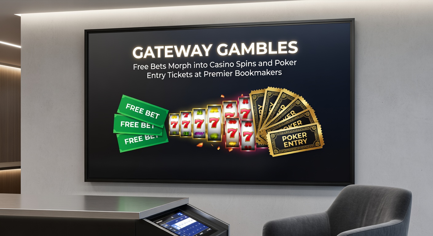 Screenshot of a bookmaker promotion page displaying free bet conversion options to colorful slot games and poker tournament entries