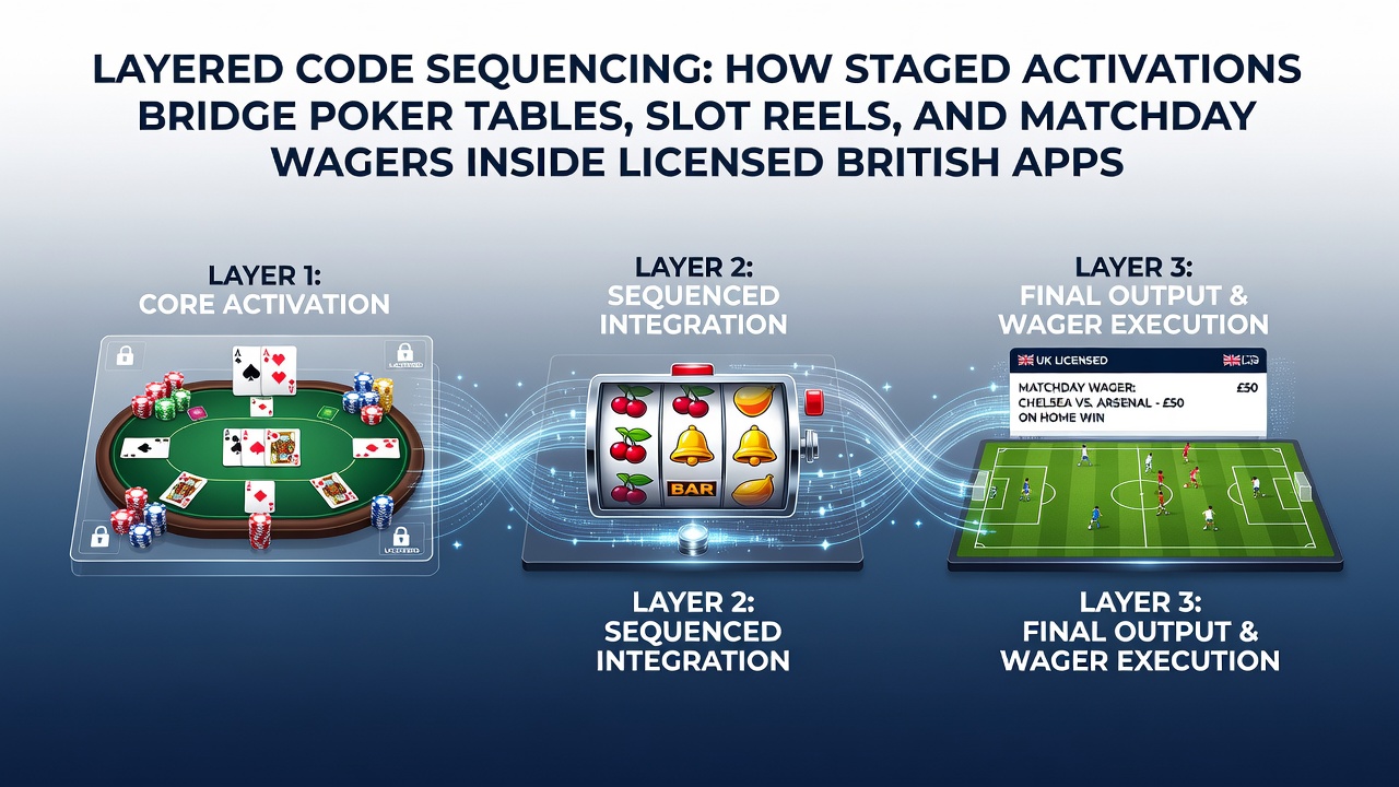 Diagram showing staged bonus activations connecting poker tables, slot reels, and sports wagers in mobile apps
