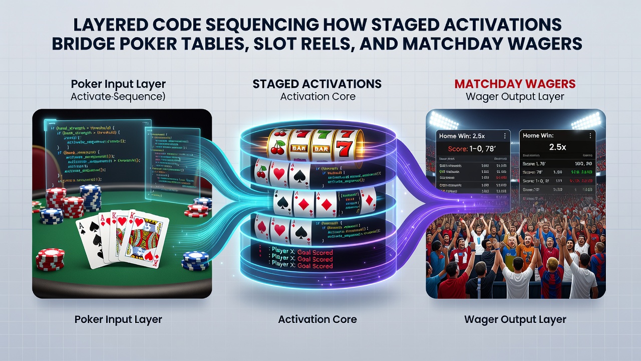 Mobile app interface illustrating code progression from slots to poker and sports betting sections