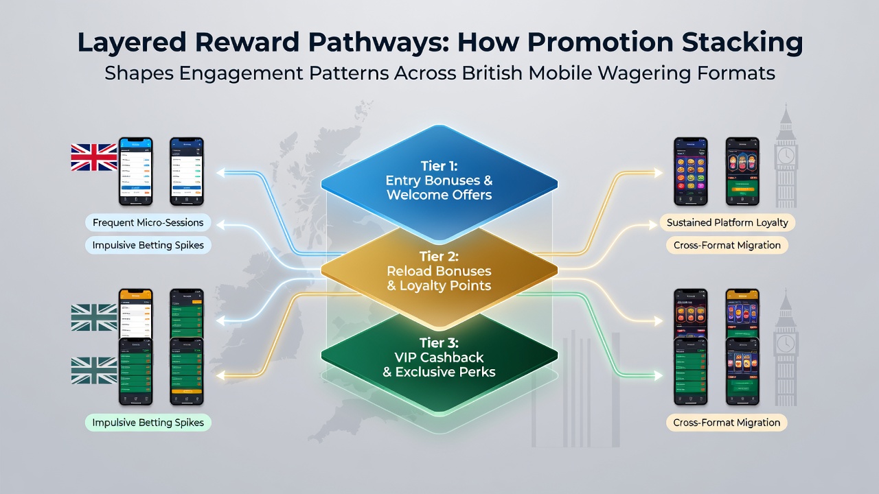Mobile device displaying stacked bonus offers including free bets, spins, and deposit matches on a British wagering app interface