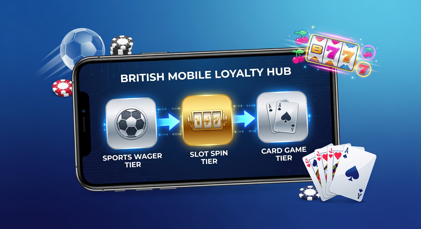 Illustration of loyalty tier progression on a mobile gambling app interface showing sports, slots, and poker icons