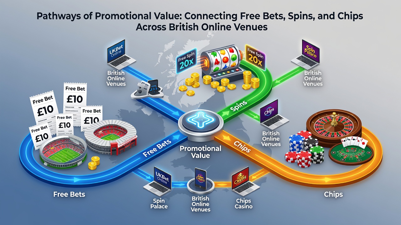Screenshot of a UK betting app interface displaying linked bonus progress from sports free bets to casino spins and poker chips
