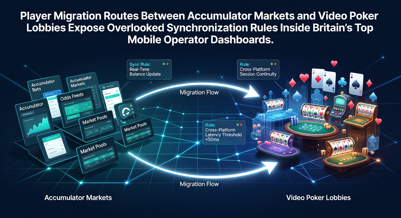 Diagram showing player navigation paths from sports accumulator sections to video poker lobbies within UK mobile gambling apps, highlighting dashboard sync indicators