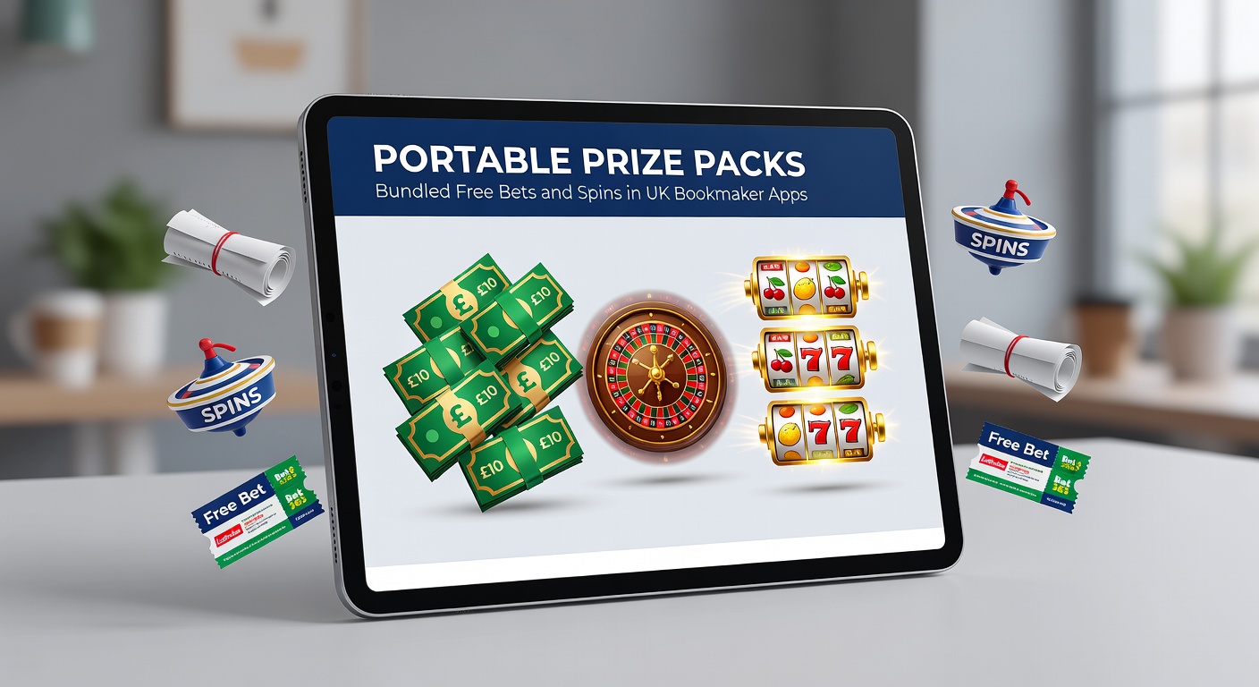 Smartphone screen displaying a UK bookmaker app with bundled free bet and spin offers, icons glowing against a dark background
