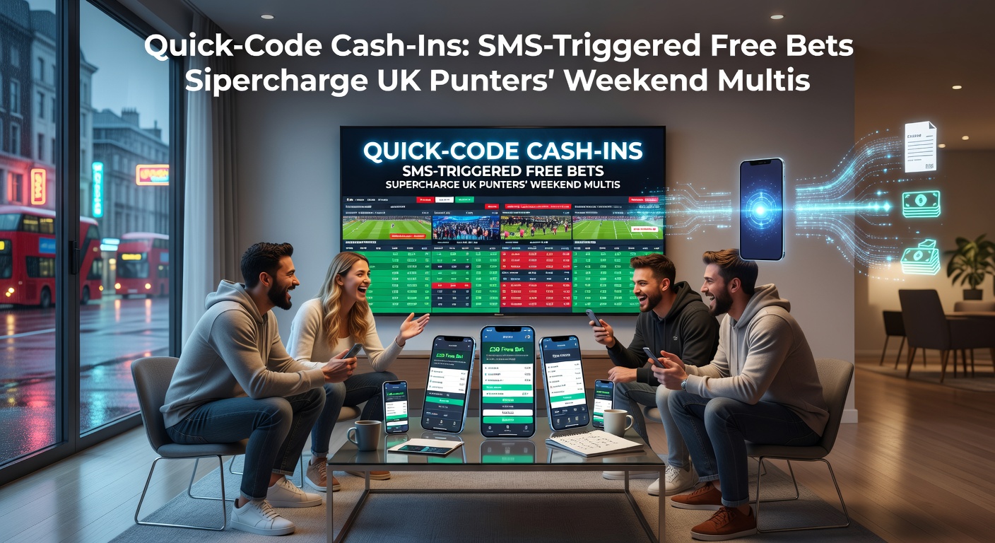 UK punter on mobile phone receiving SMS free bet code during a live football match, screen showing accumulator odds boosting