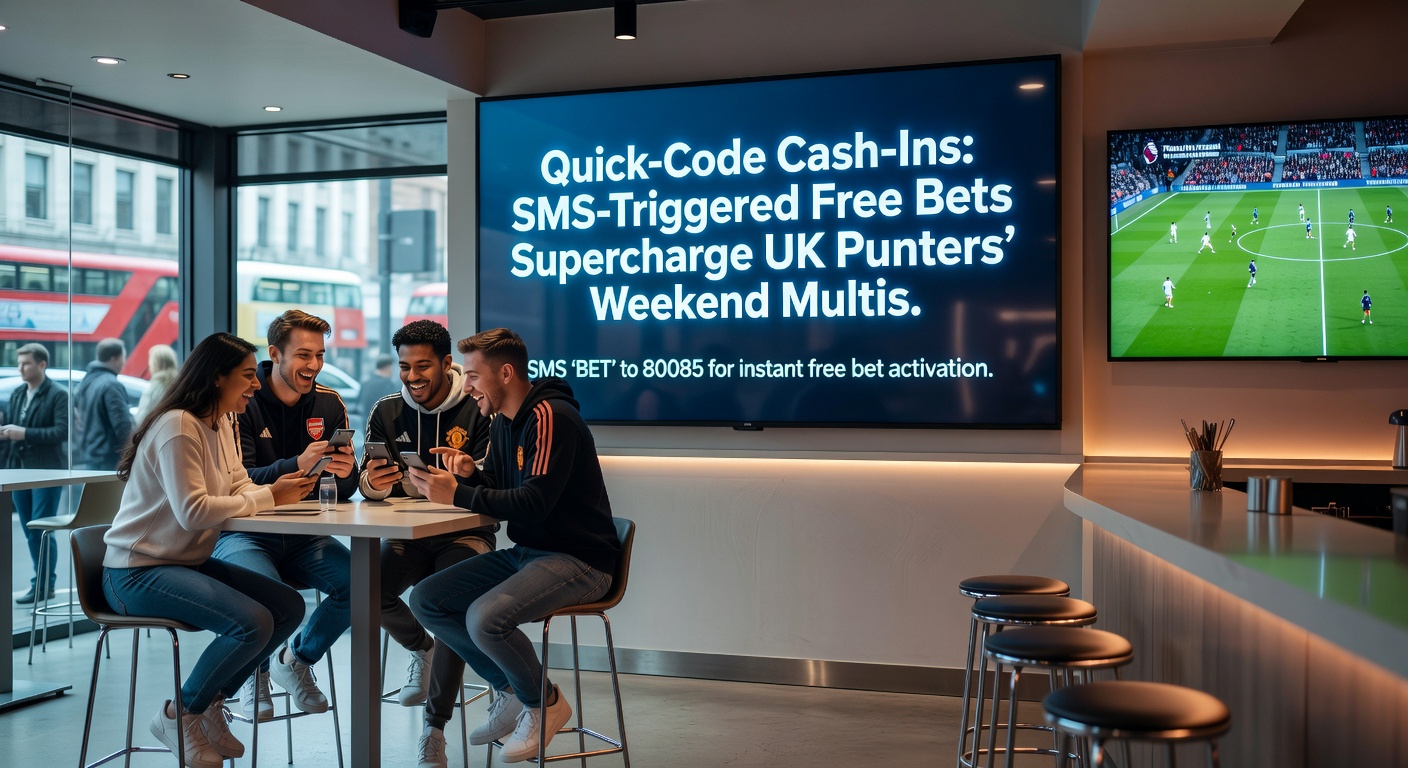 Close-up of SMS notification on smartphone displaying free bet code for a weekend football accumulator, with betting app open in background