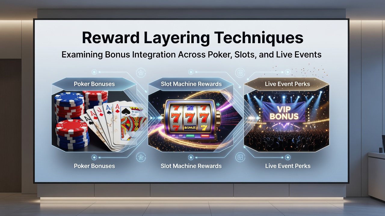 Diagram showing layered bonus structures across poker tables, slot machines, and live event interfaces