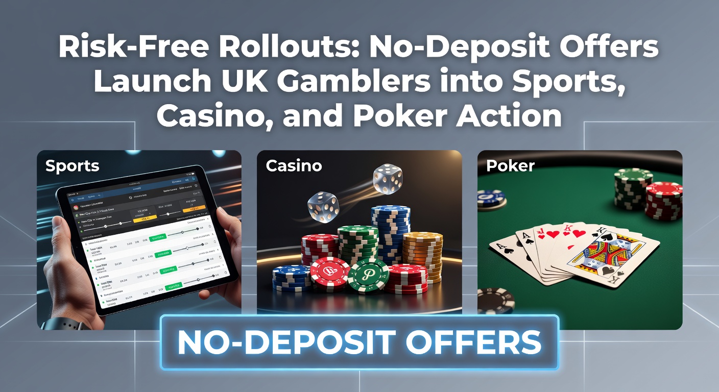 Glowing no-deposit bonus icons overlay sports betting odds, casino slots, and poker chips on a vibrant digital dashboard