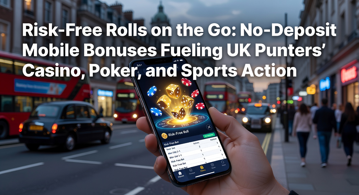 Smartphone displaying a no-deposit bonus offer on a UK mobile casino app, with slot reels and sports odds in the background