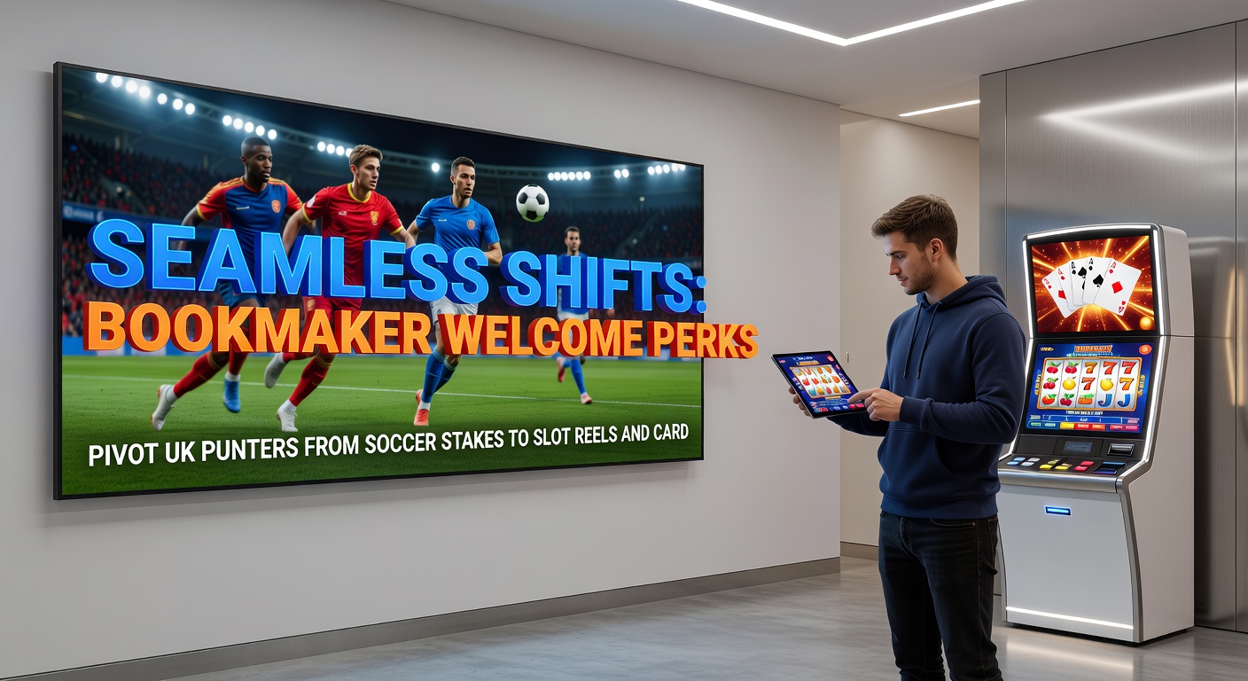 Split-screen view of a bookmaker app showing soccer betting slip on one side and slot machine reels on the other, illustrating the pivot point for UK gamblers