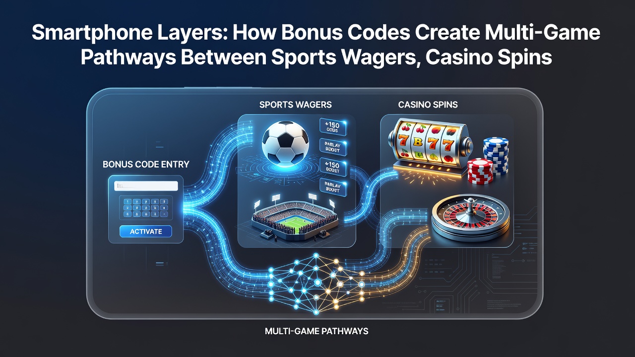 Mobile app interface showing transitions between sports betting, casino games, and poker via bonus code layers