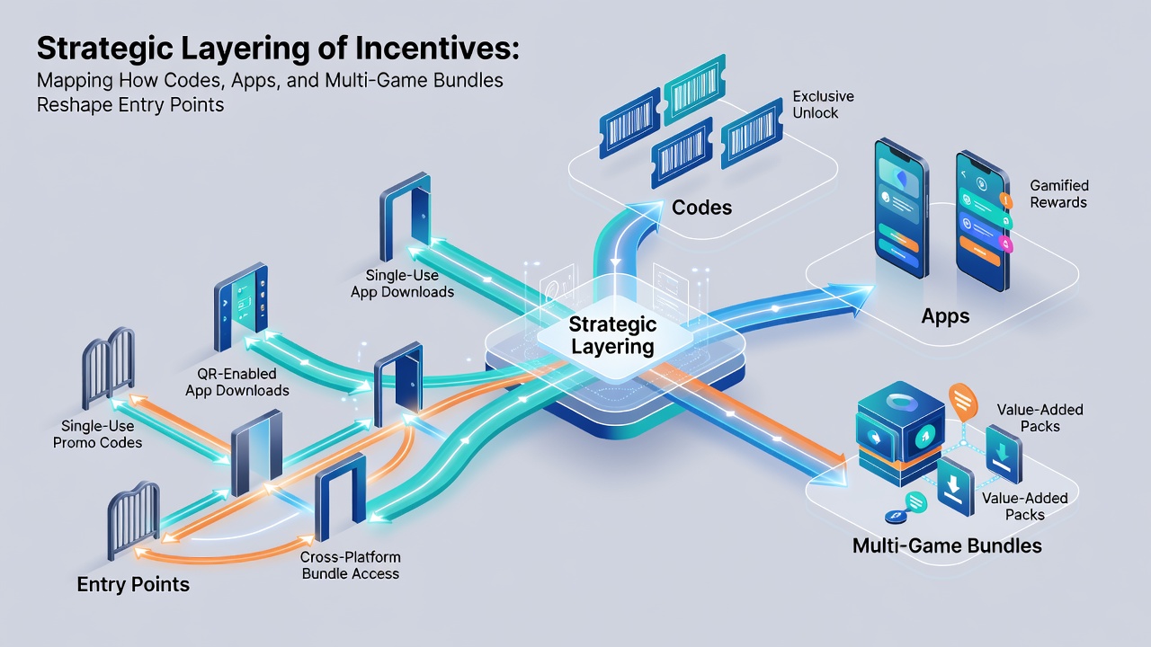 Diagram mapping how codes, apps, and bundles create sequential entry points for UK gamblers
