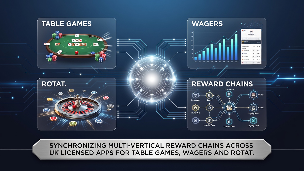 Mobile interface showing reward chain progression linking table games, sports betting, and slot features in a UK licensed app