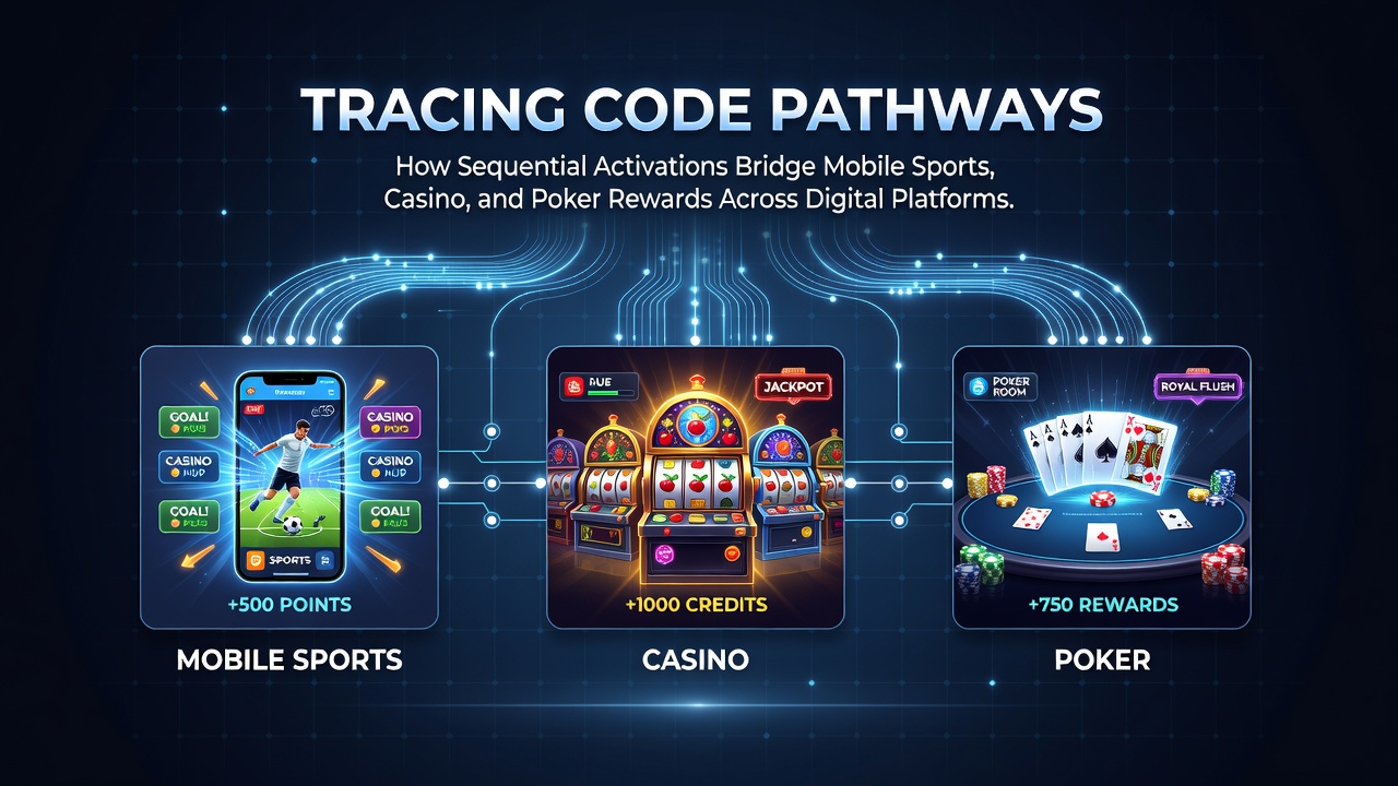 Digital interface showing interconnected pathways between mobile sports betting, casino games, and poker rewards on a single platform