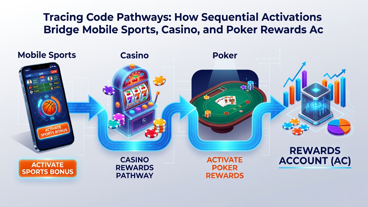 Flow diagram illustrating sequential code activations linking sports wagers to casino bonuses and poker rewards in mobile applications