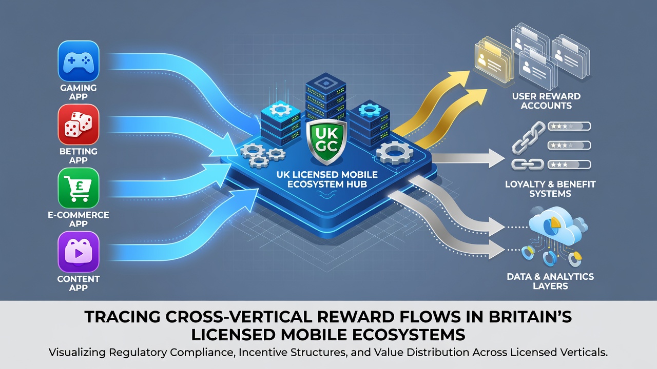 Flowchart depicting cross-category reward transfers in mobile ecosystems