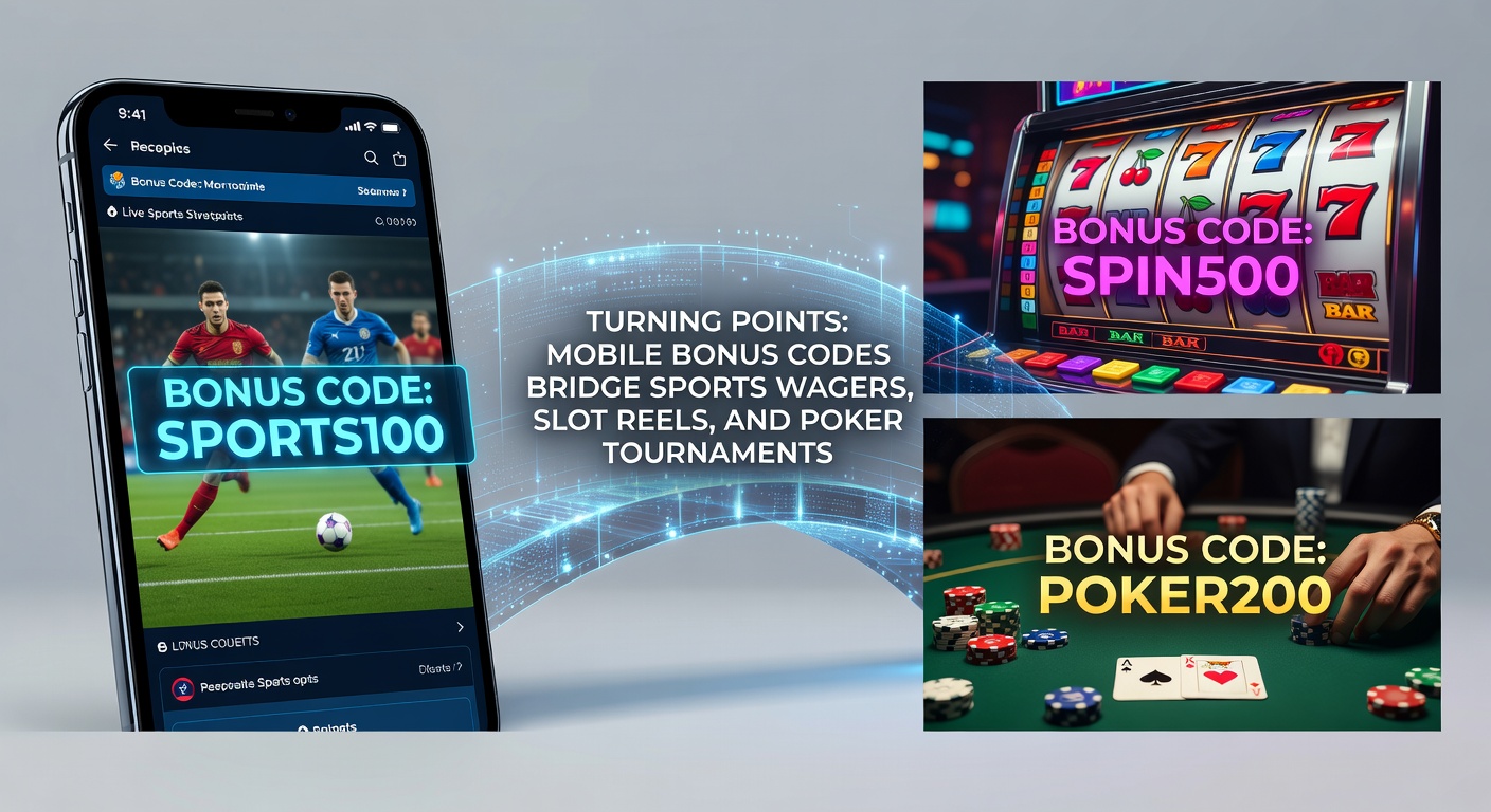 Smartphone screen displaying a mobile betting app with sports wager, slot machine, and poker table icons connected by bonus code overlays