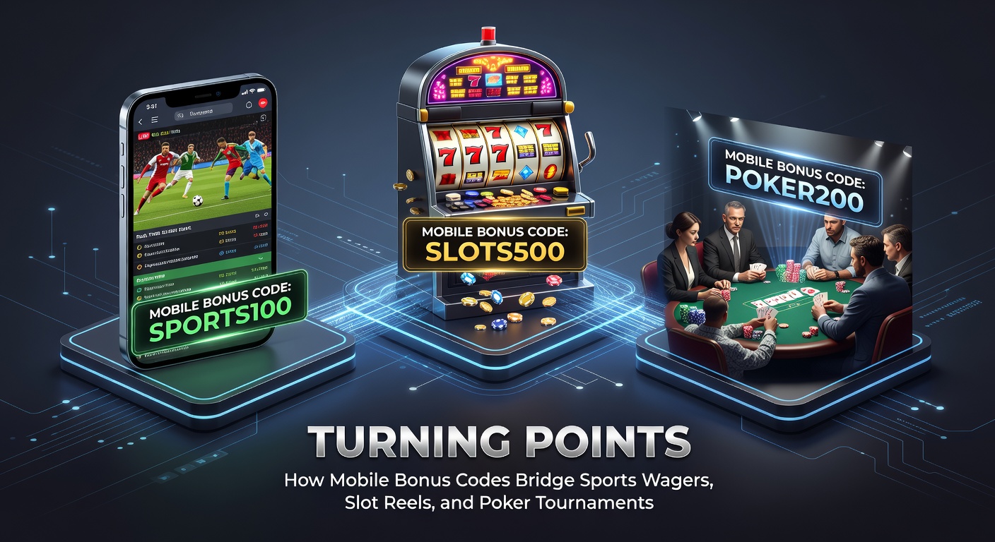 Collage of mobile interfaces showing bonus code entry transitioning from sports betting odds to spinning slot reels and poker tournament lobbies